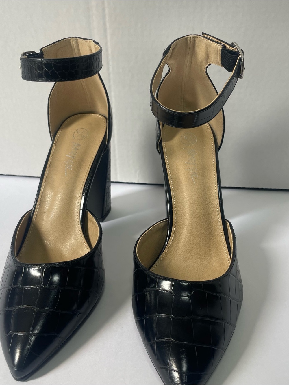 Black Croc-Embossed Ankle-Strap Pointed-Toe Heels - Picture 6 of 8
